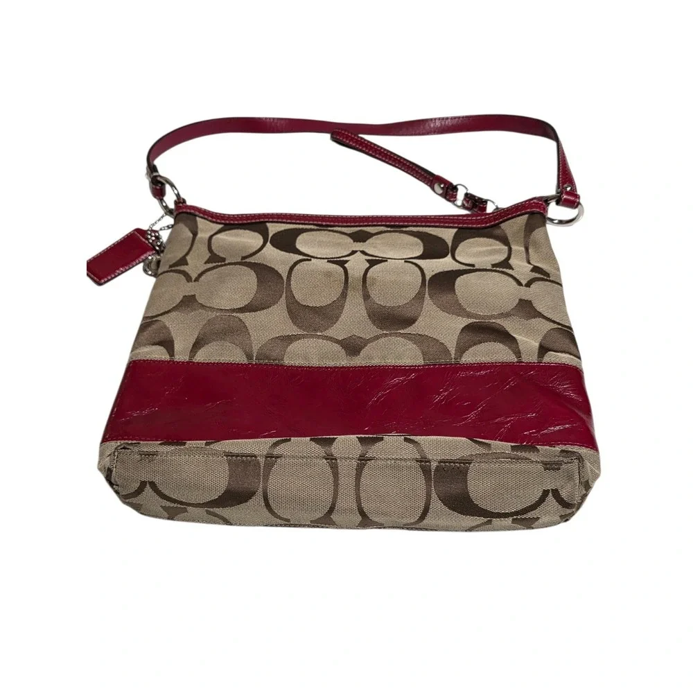 Coach Signature Canvas Shoulder Bag Red Leather Trim Zip‎ Hobo Purse